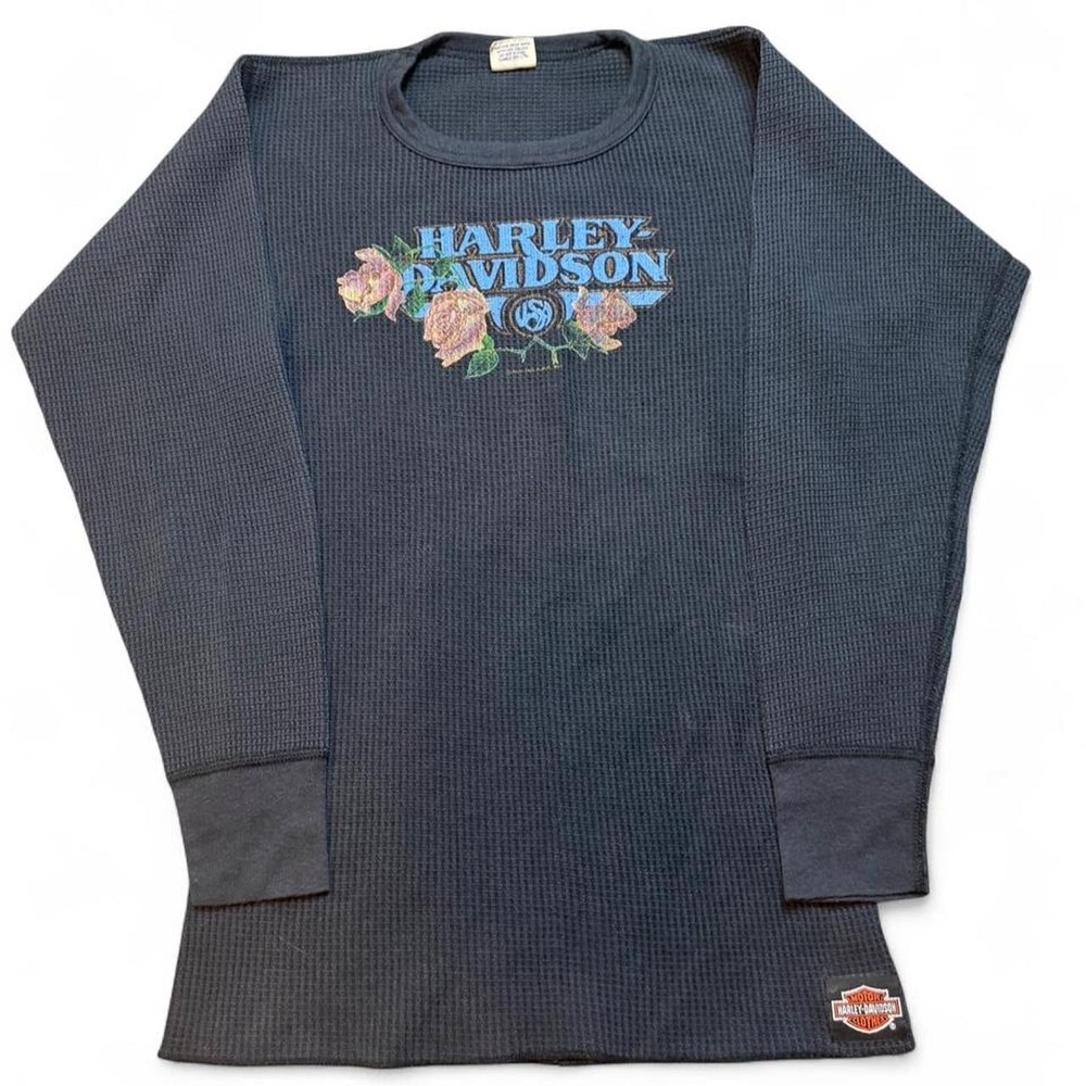 RARE Vintage 80s Harley Davidson Graphic Thermal Long Sleeve Shirt READ